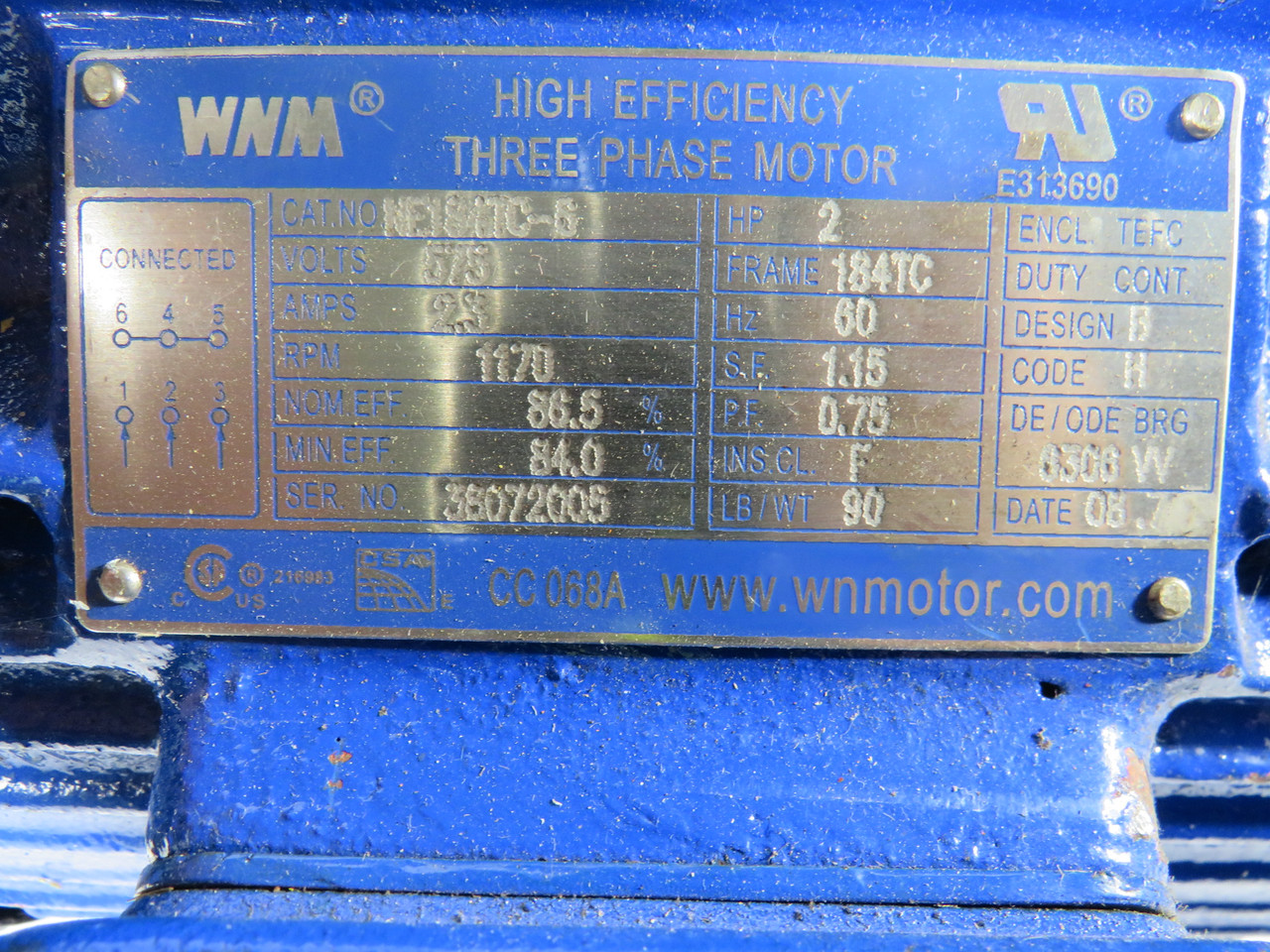 WNM 2HP 1170RPM 575V 184TC TEFC 3Ph 2.3A 60Hz C-Face USED