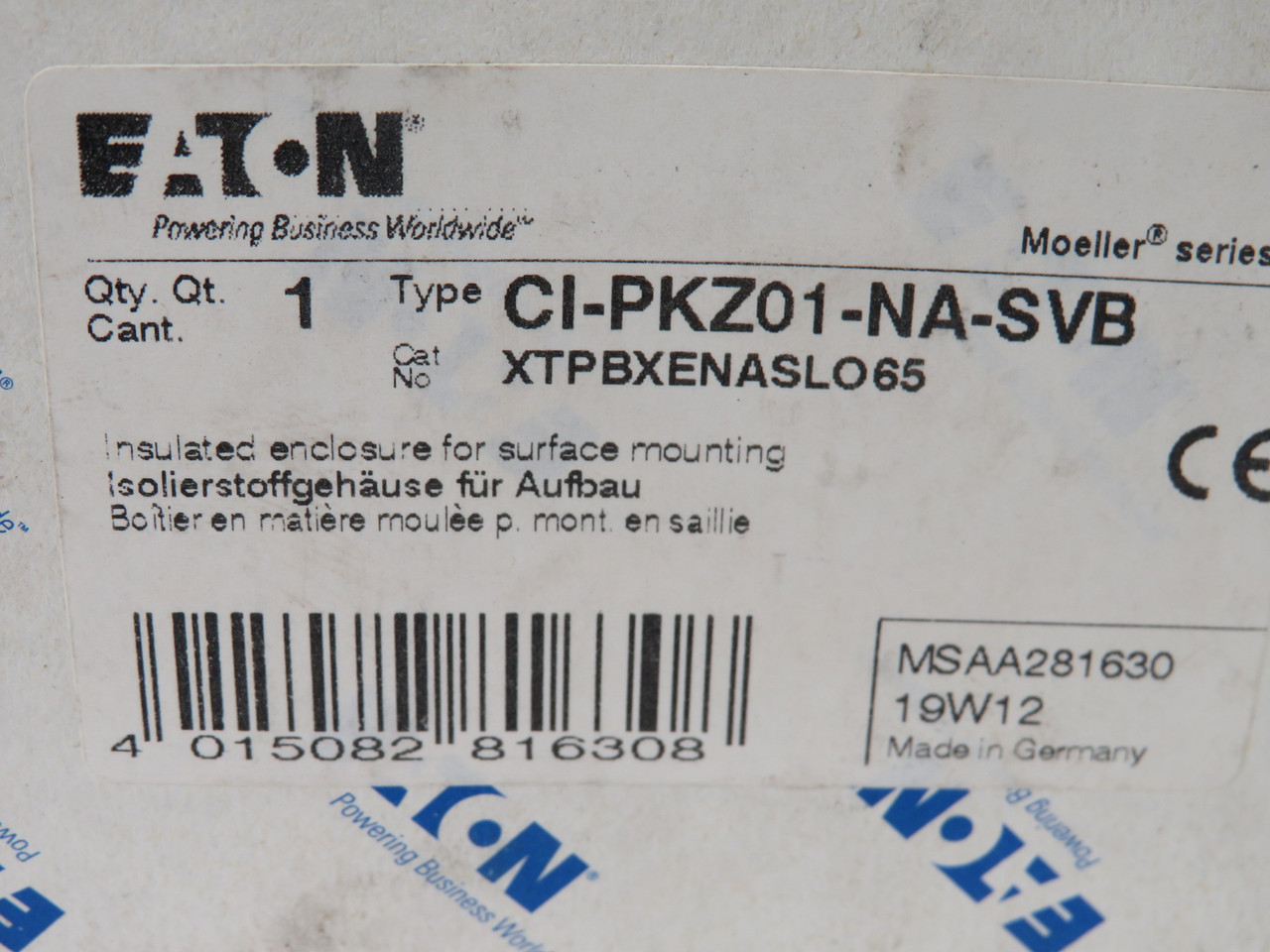 Eaton CI-PKZ01-NA-SVB Insulated Enclosure for PKZ01 Padlockable SHELF WEAR NEW
