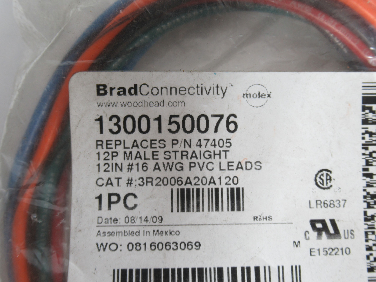 Molex 1300150076 Mini Change C-Size Receptacle 12P Male 1/2" 0.305m L NWB