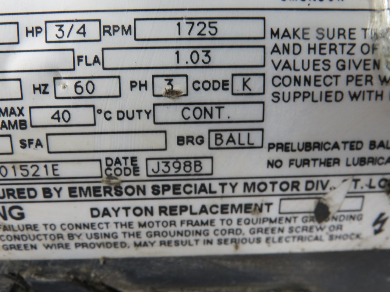 Emerson 3/4HP 1725RPM 575V F56C 3Ph 1.03A 60Hz USED