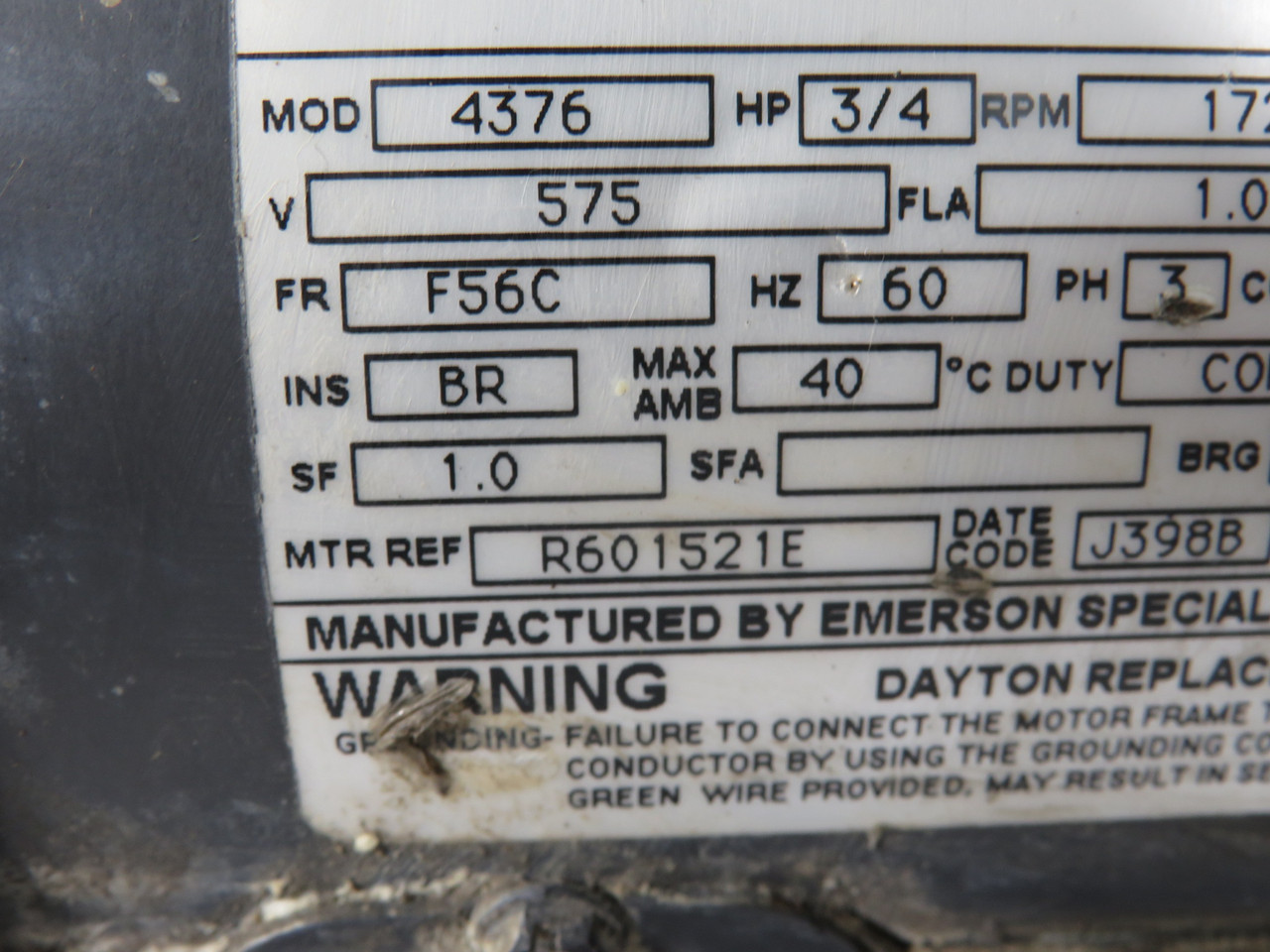 Emerson 3/4HP 1725RPM 575V F56C 3Ph 1.03A 60Hz USED