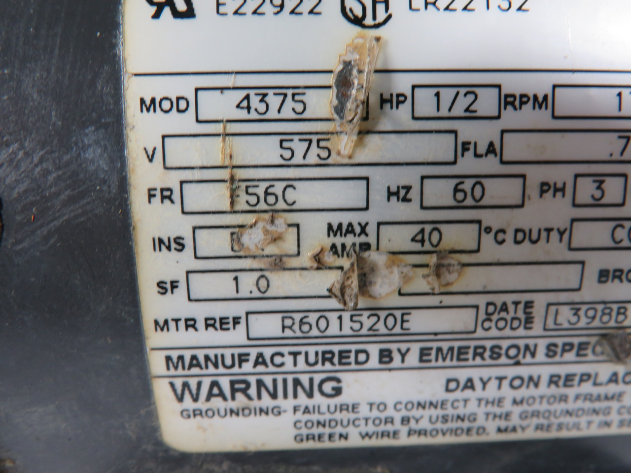 Emerson 1/2HP 1725RPM 575V F56C 3Ph .77A 60Hz SHELF WEAR USED