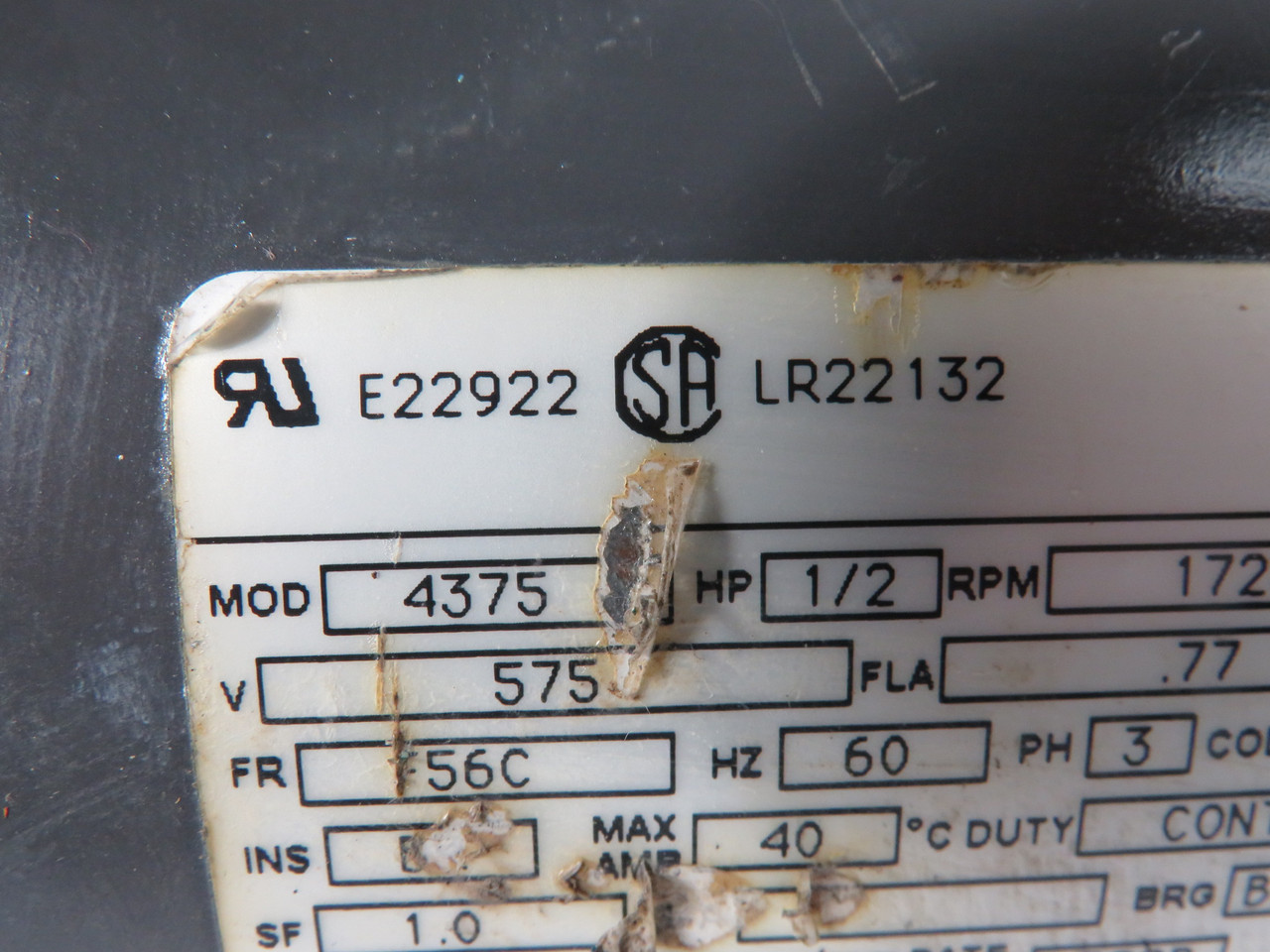 Emerson 1/2HP 1725RPM 575V F56C 3Ph .77A 60Hz SHELF WEAR USED