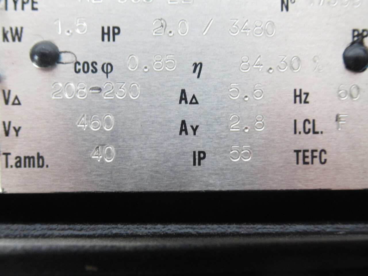 Lafert 2.0HP 3480RPM 208-230/460V TEFC 1Ph 5.6/2.8A 60Hz USED