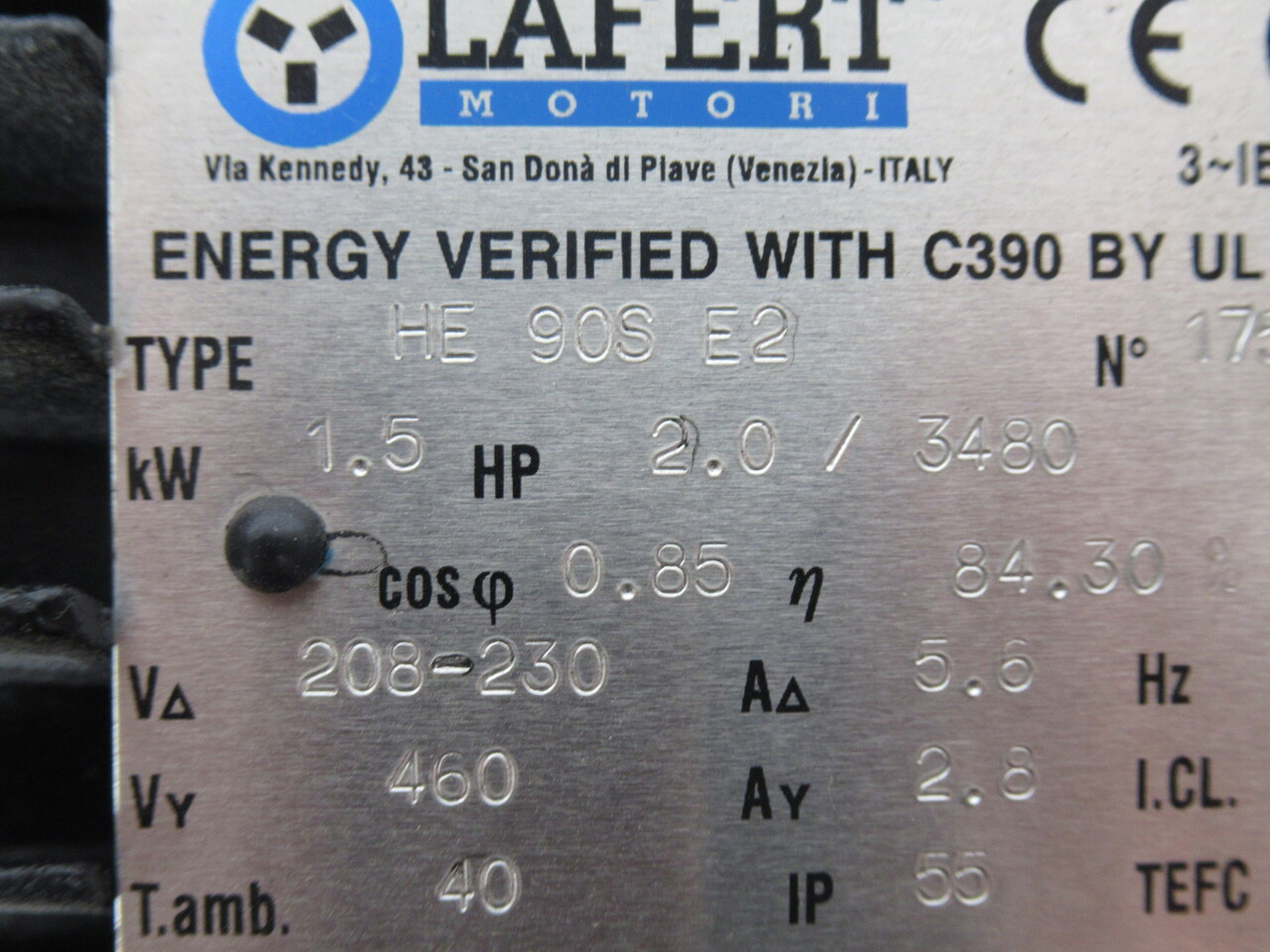 Lafert 2.0HP 3480RPM 208-230/460V TEFC 1Ph 5.6/2.8A 60Hz USED