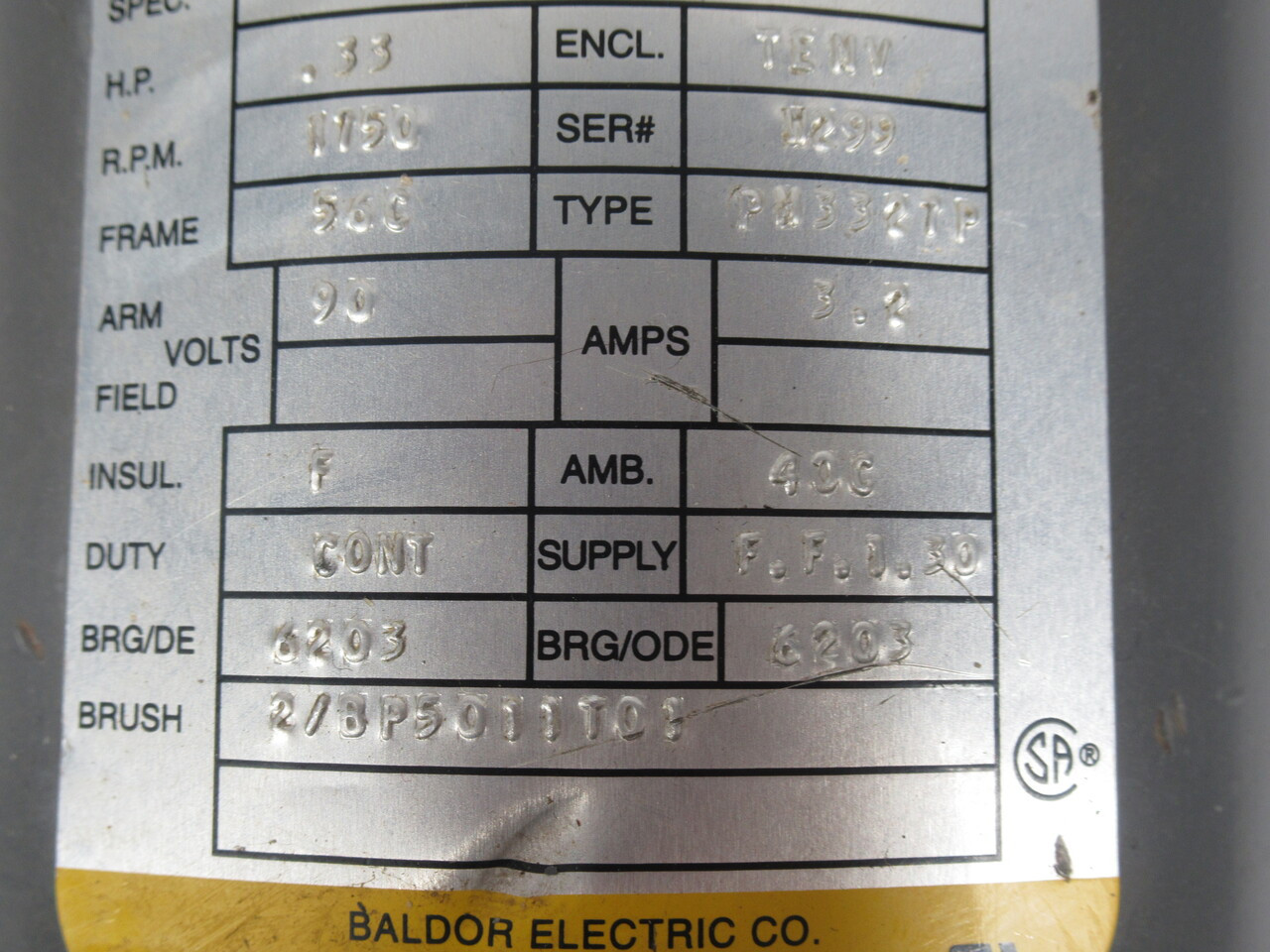 Baldor .33HP 1750RPM 90V 56C TENV 3.2A USED