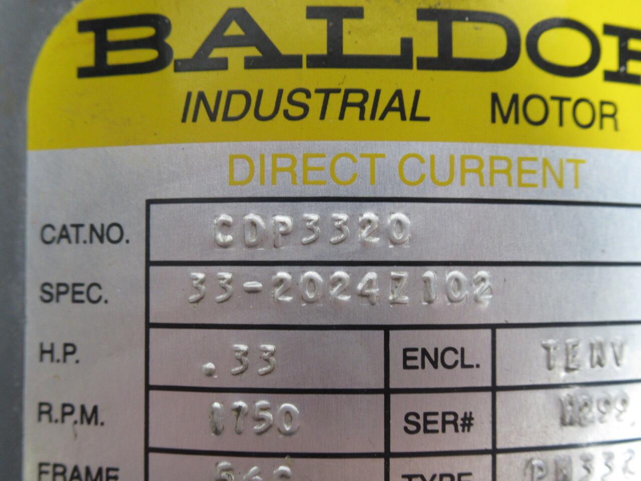 Baldor .33HP 1750RPM 90V 56C TENV 3.2A USED