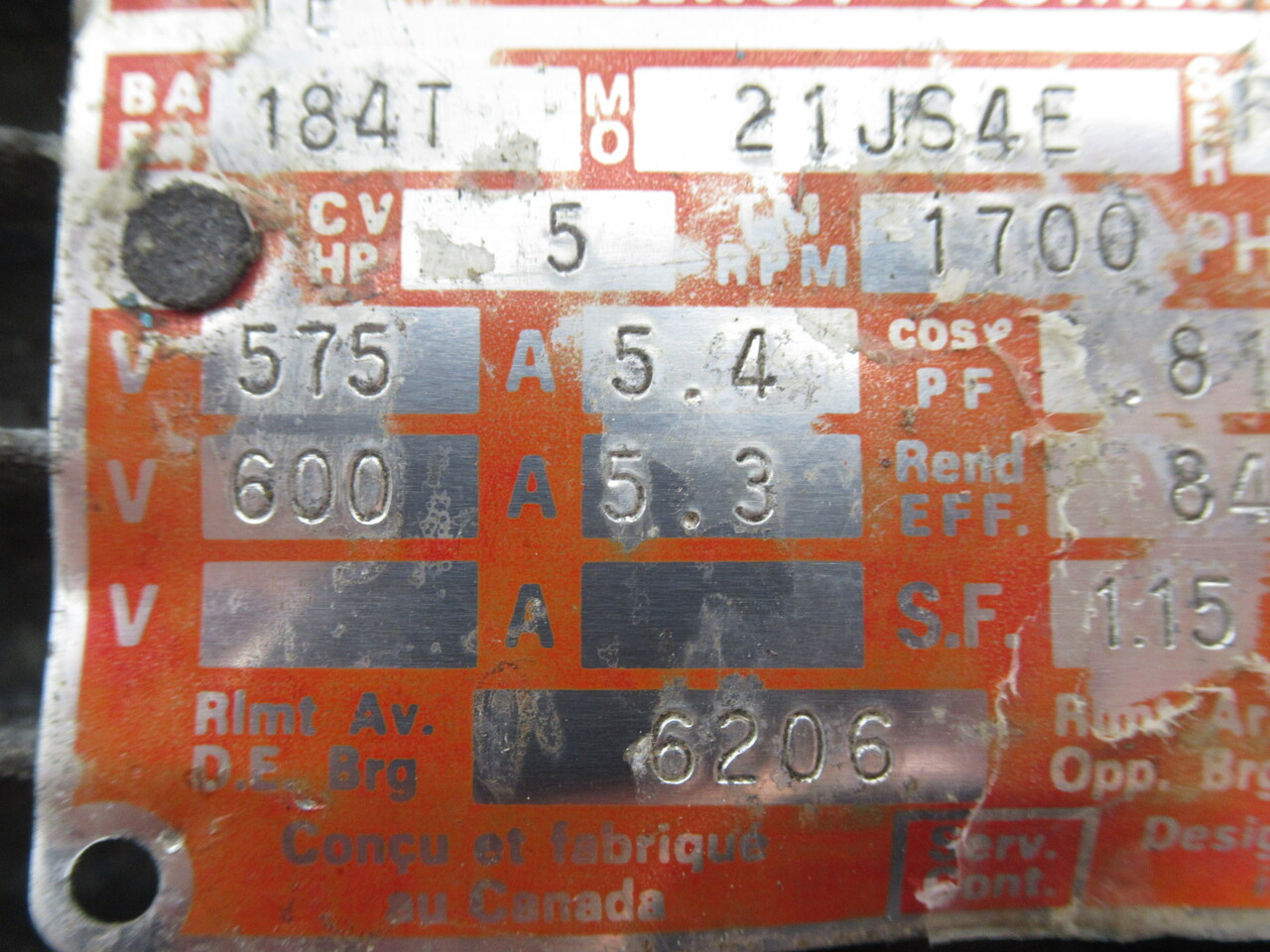 LS Powerbloc 5HP 1700RPM 575/600V 184T 3Ph 5.4/5.3A 60Hz RUST USED