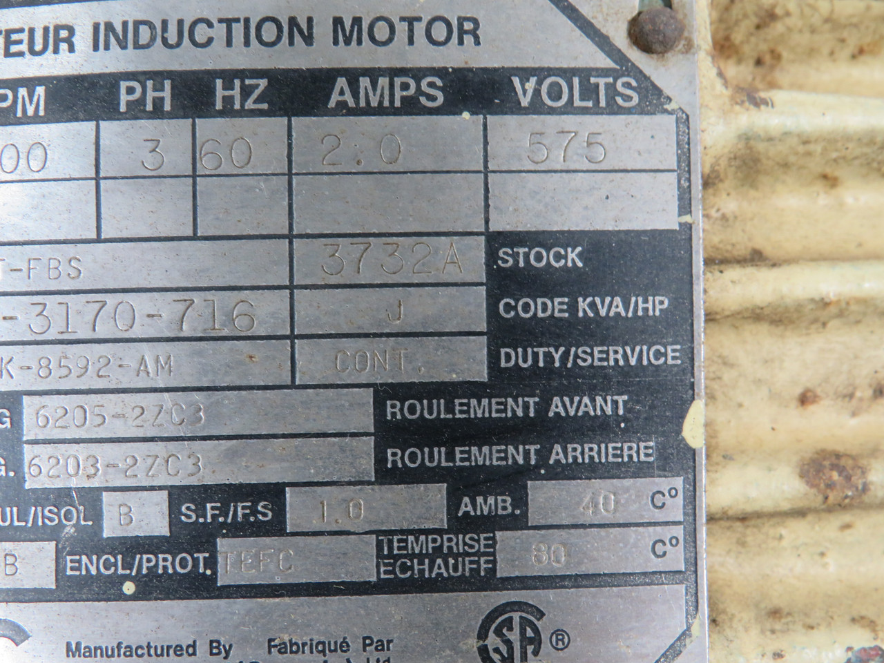 Brown Boveri 1.5HP 1700RPM 575V TEFC 3Ph 2.0A 60Hz USED