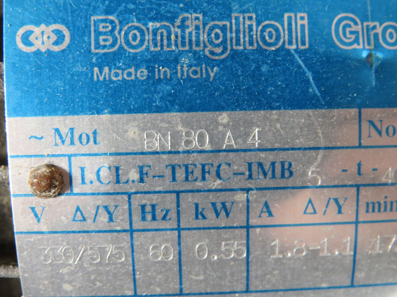 Bonfiglioli 0.55kW 1720RPM 330/575V 1.8-1.1A 60Hz USED