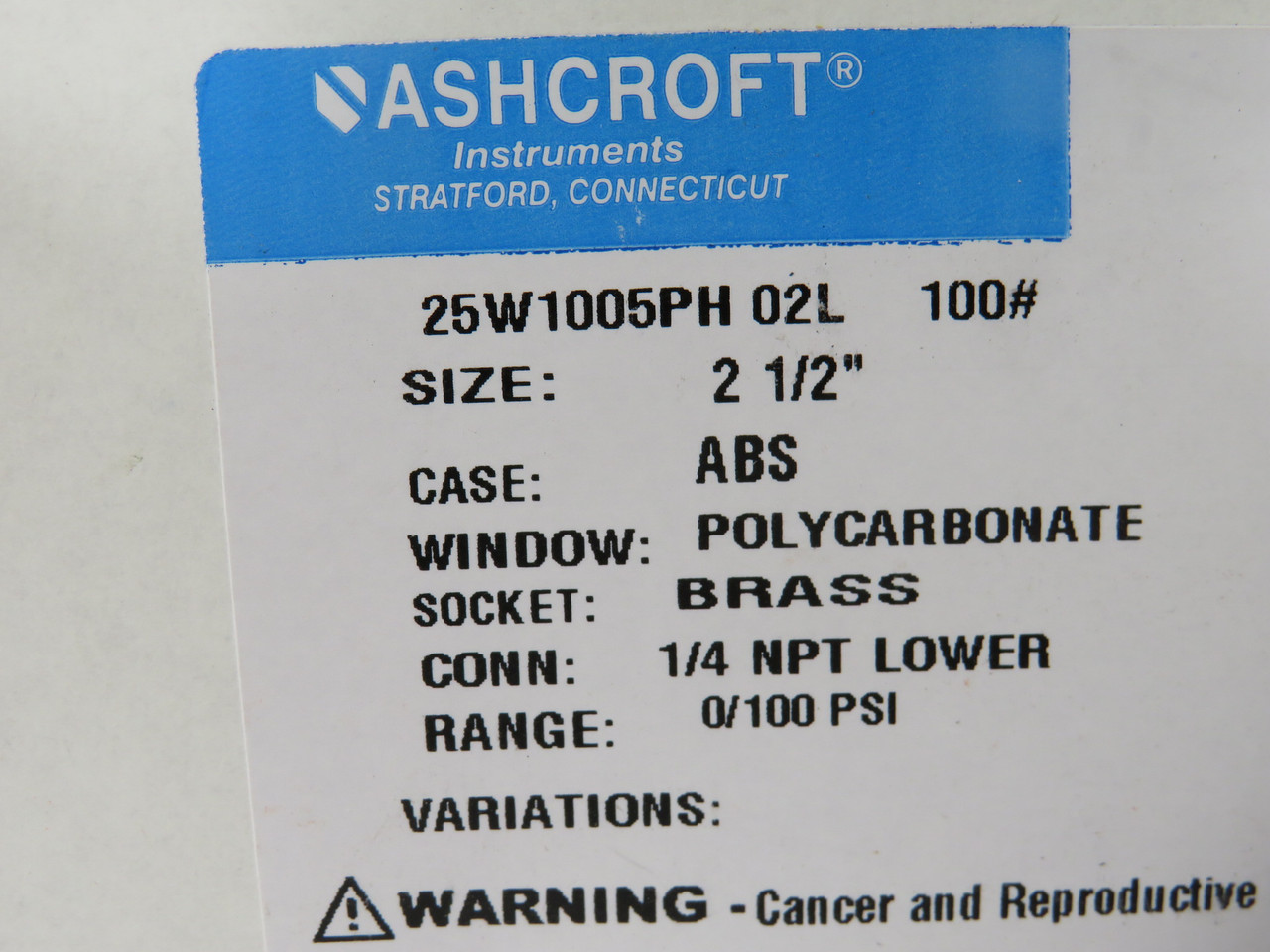Ashcroft 25W1005PH02L100# Dry Pressure Gauge 0-100 PSI 2-1/2" 1/4 NPT Brass NEW