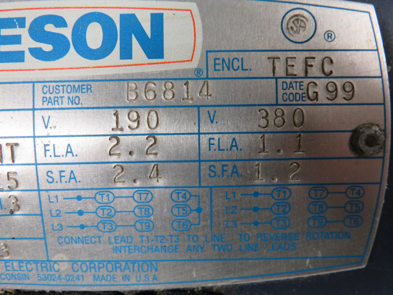 Leeson 1/2HP 1725RPM 190/380V C56C TEFC 3Ph 2.2/2.4A@190V 1.1/1.2A@380V USED