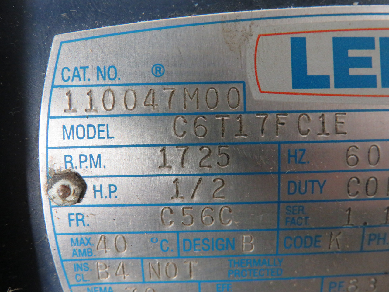 Leeson 1/2HP 1725RPM 190/380V C56C TEFC 3Ph 2.2/2.4A@190V 1.1/1.2A@380V USED