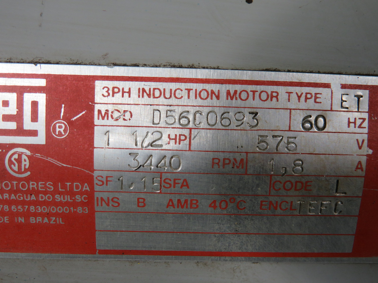 WEG 1-1/2HP 3440RPM 575V TEFC 3Ph 1.8A 60Hz USED