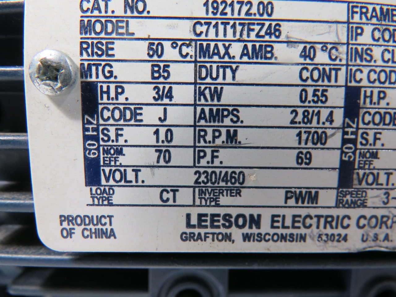 Leeson 3/4HP 1700RPM 230/460V 71 3Ph 2.8/1.4A 60Hz NOP