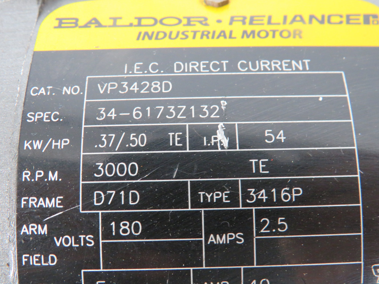 Baldor VP3428D .50HP 3000RPM 180V D71D TE 2.5A MISSING WIRING COVER USED