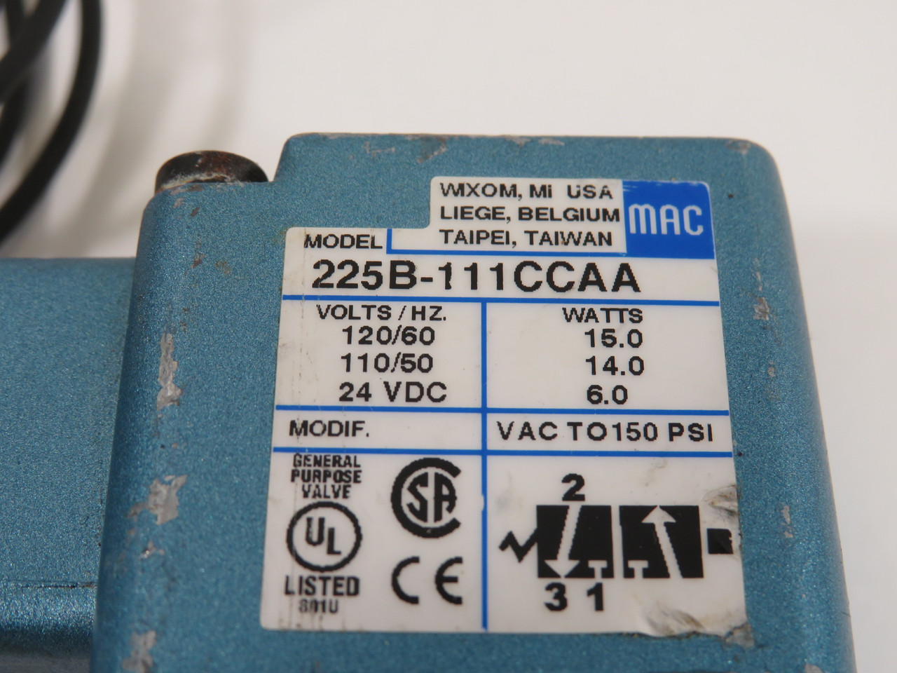 MAC 225B-111CCAA 3-Way Solenoid Valve 24VDC 150psi 1/4" NPTF USED