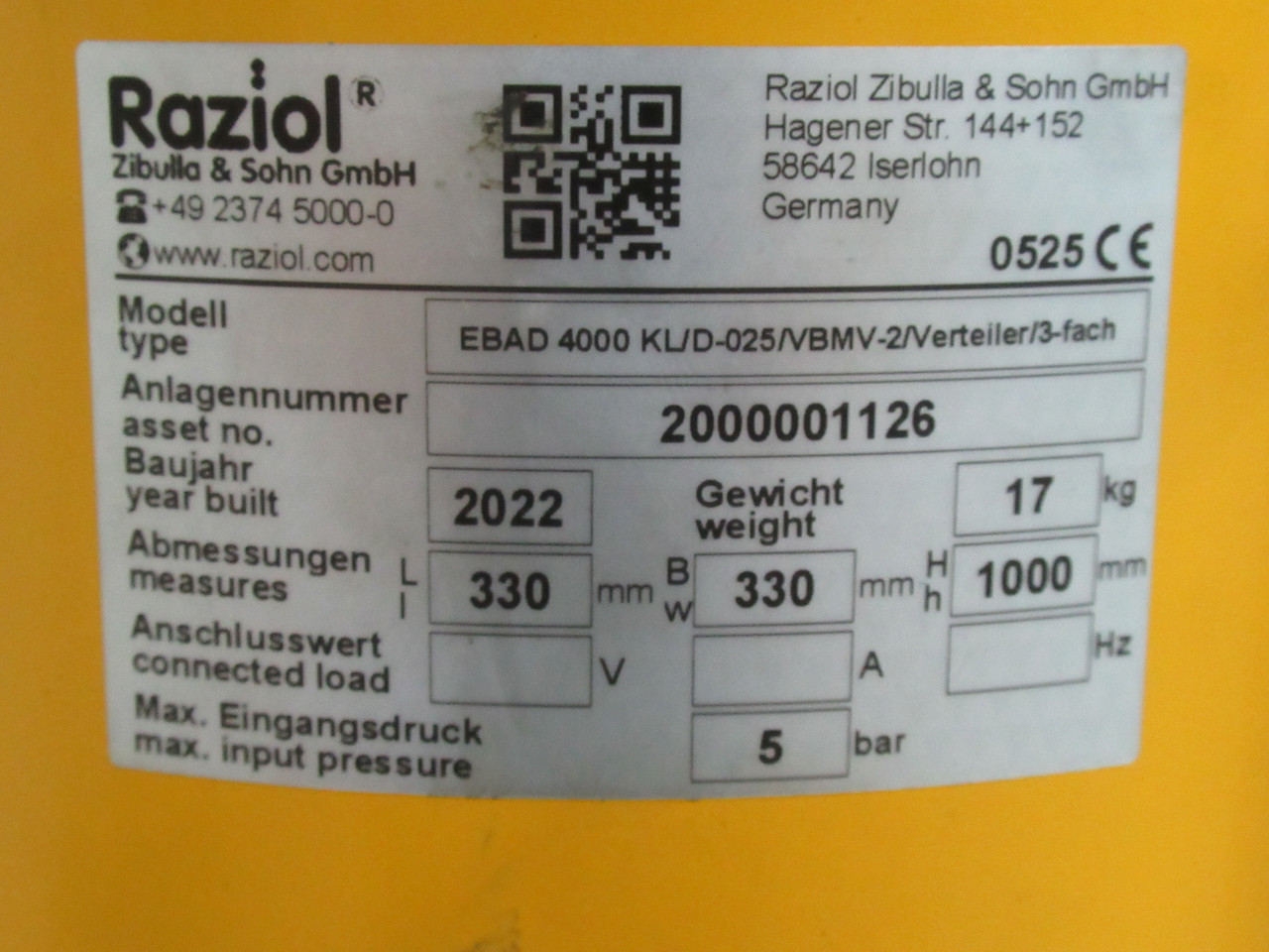 Raziol EBAD-4000KL/D-025/VBMV-2 Lubrication System Pressure Tank 25L 5 Bar USED