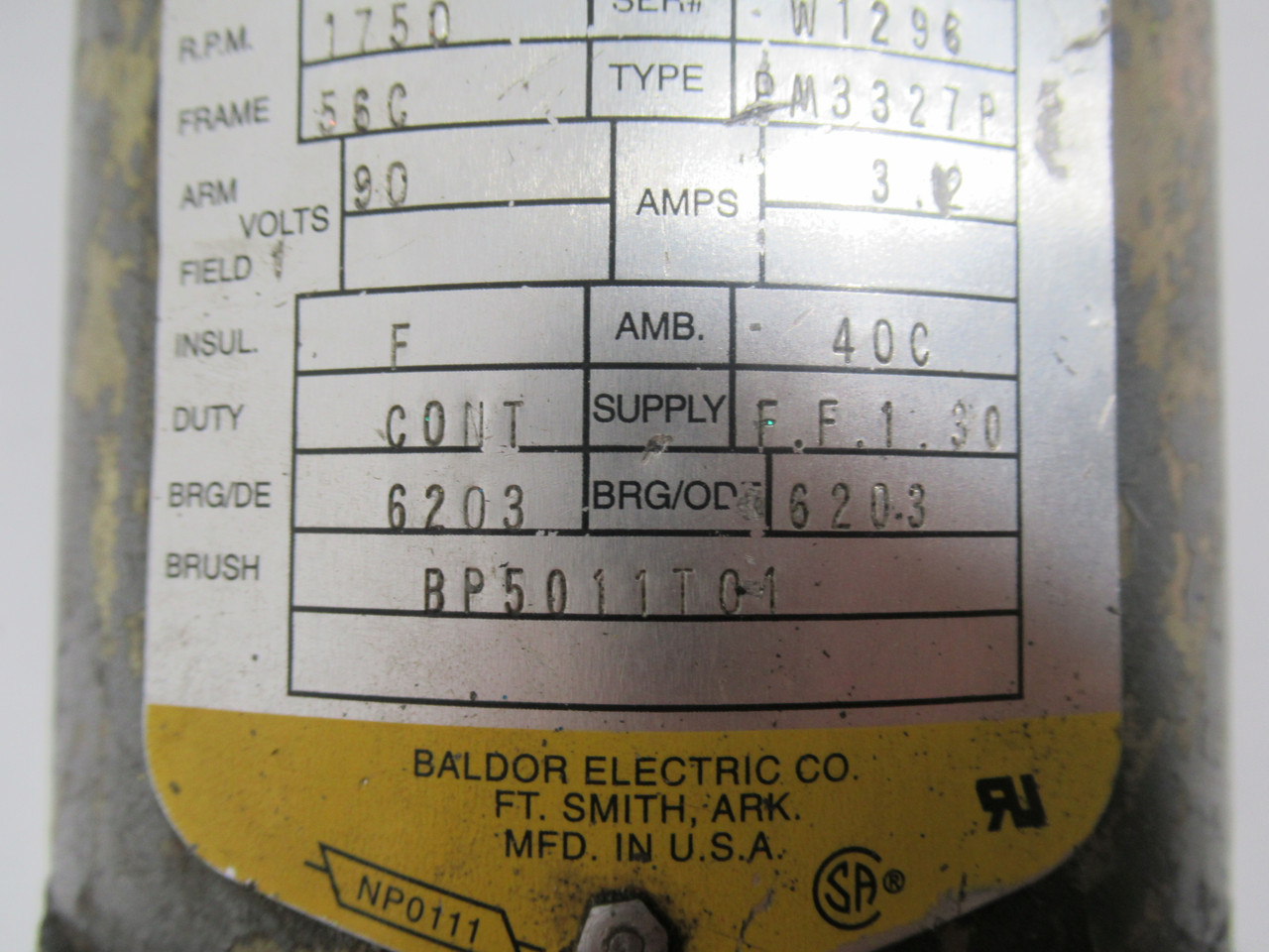 Baldor .33HP 1750RPM 90V TENV 3.2A * MISSING ELECTRICAL BOX* USED