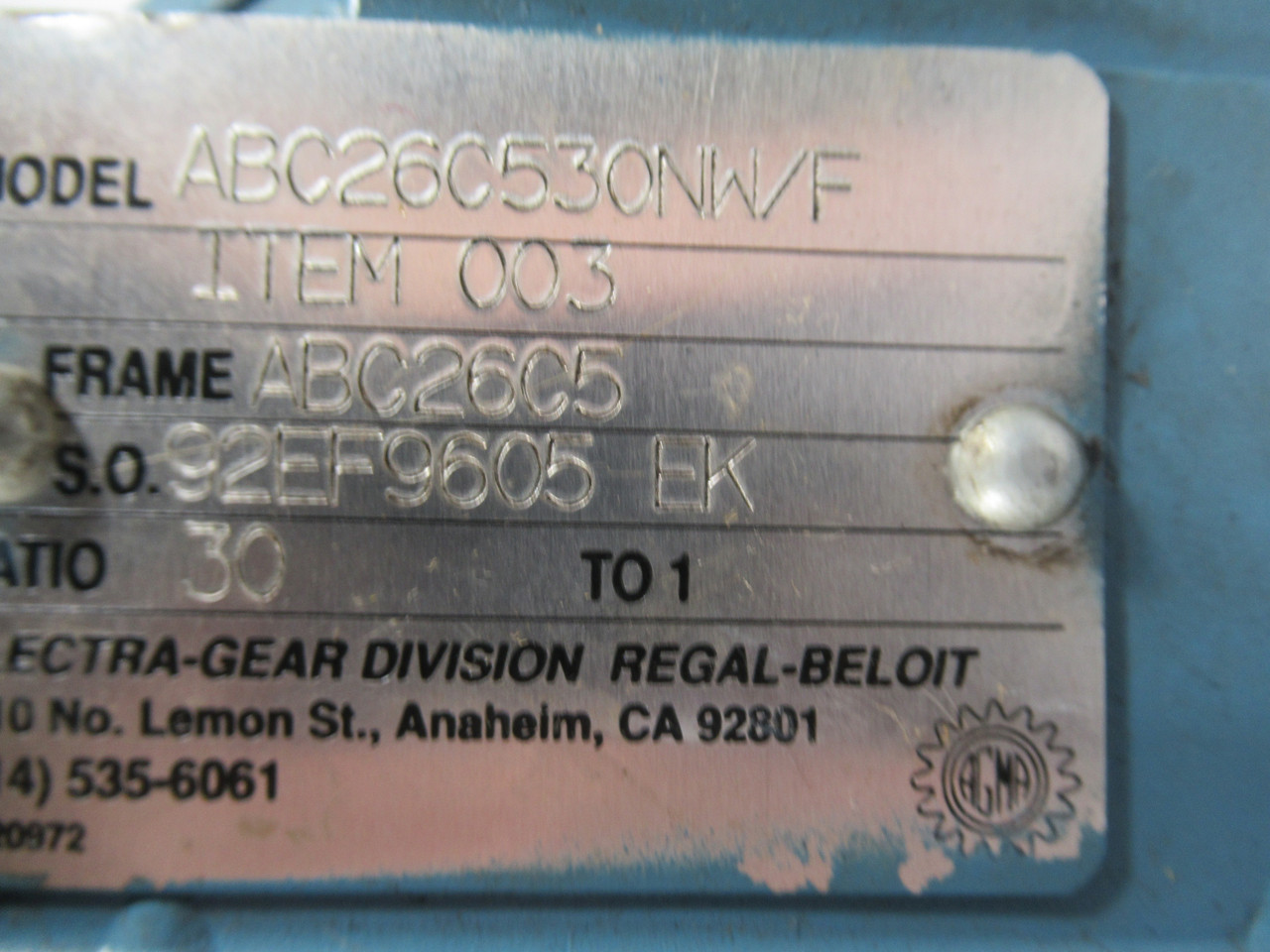 Electra-Gear ABC26C530NW/F Gear Reducer 30:1 Ratio USED