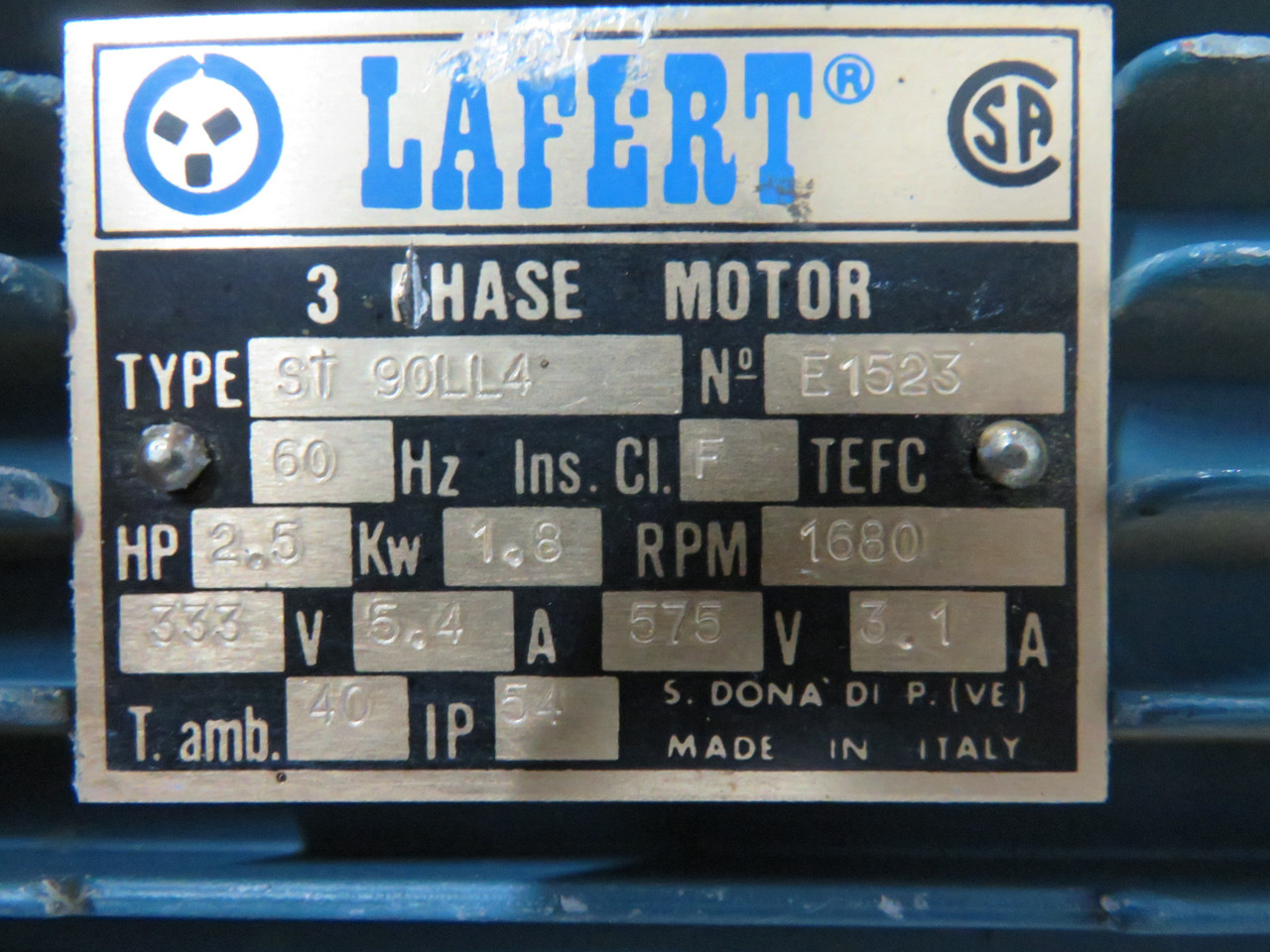 Lafert 2.5HP 1680RPM 333/575V TEFC 3Ph 5.4/3.1A 60Hz USED