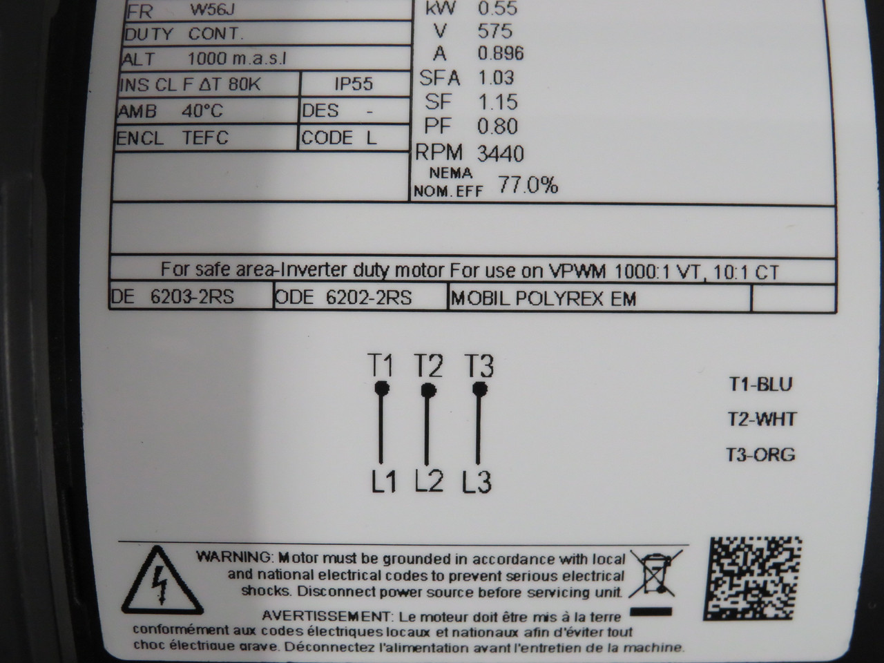 WEG 0.75HP 0.55kW 3440RPM 575V W56J TEFC 3Ph 0.896A 60Hz SHELF WEAR NOP