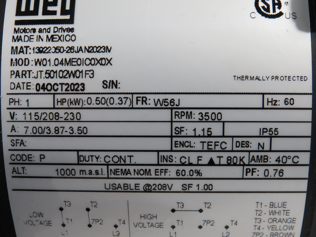 WEG 0.5HP 0.37kW 3500RPM 115-208/230V W56J TEFC 1Ph SHELF WEAR NOP
