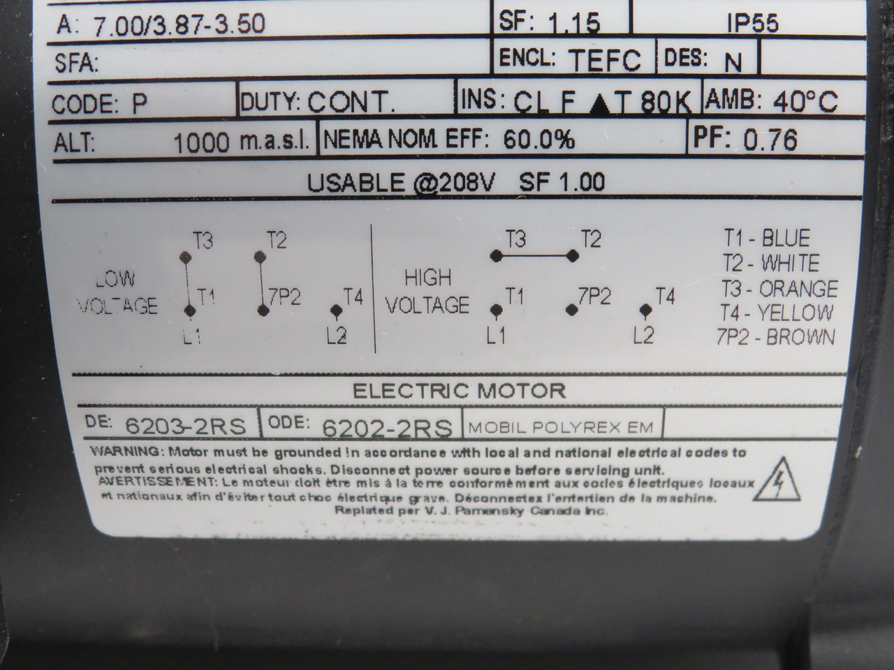 WEG 0.5HP 0.37kW 3500RPM 115-208/230V W56J TEFC 1Ph SHELF WEAR NOP