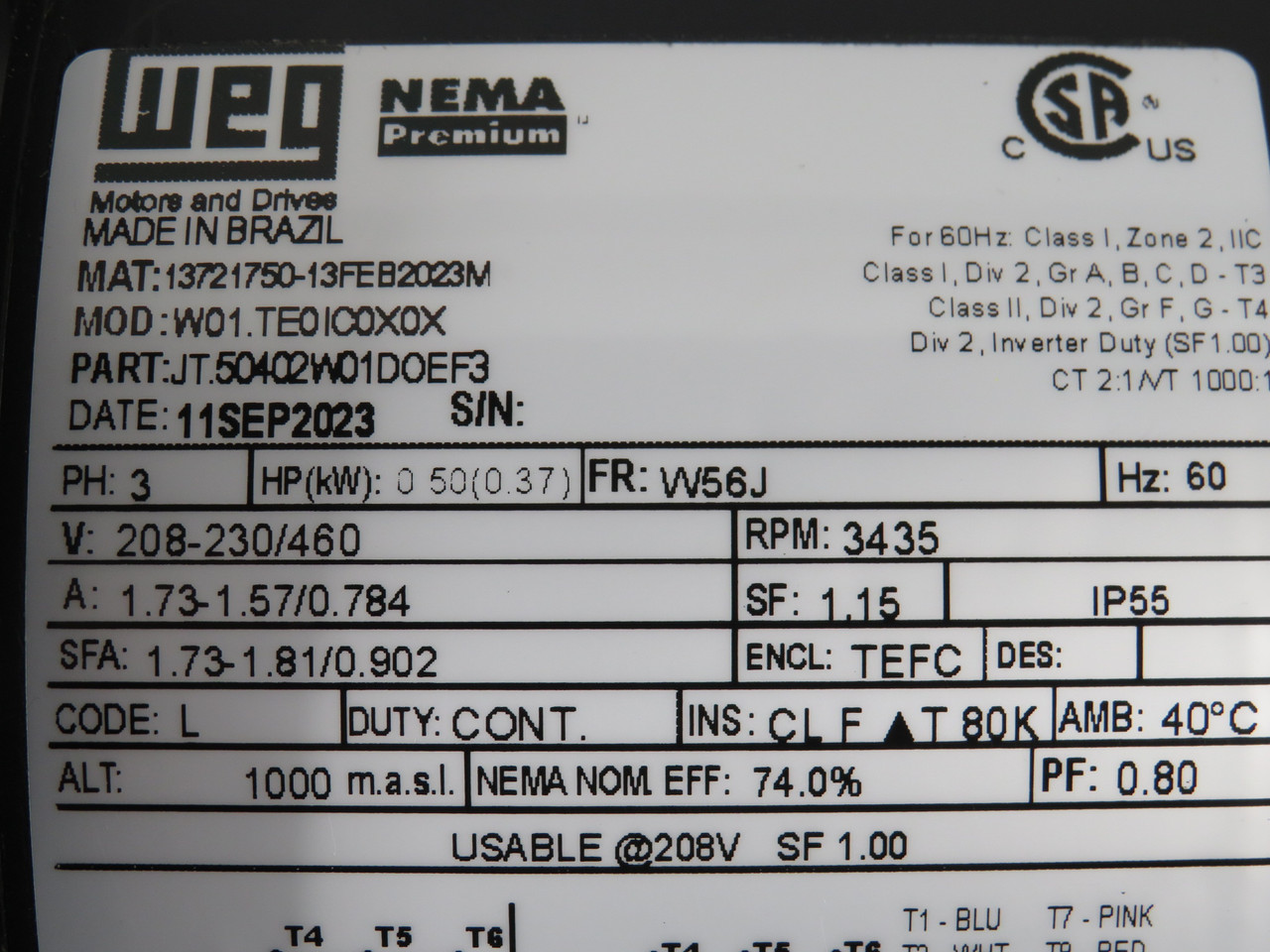 WEG 0.50HP 0.37kW 3435RPM 208-230/460V W56J TEFC 3Ph SHELF WEAR NOP