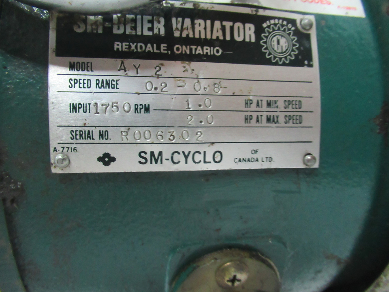 SM-Beier AY-2 Variator 0.2-0.8 Speed Range 1.0/2.0HP 1750RPM USED