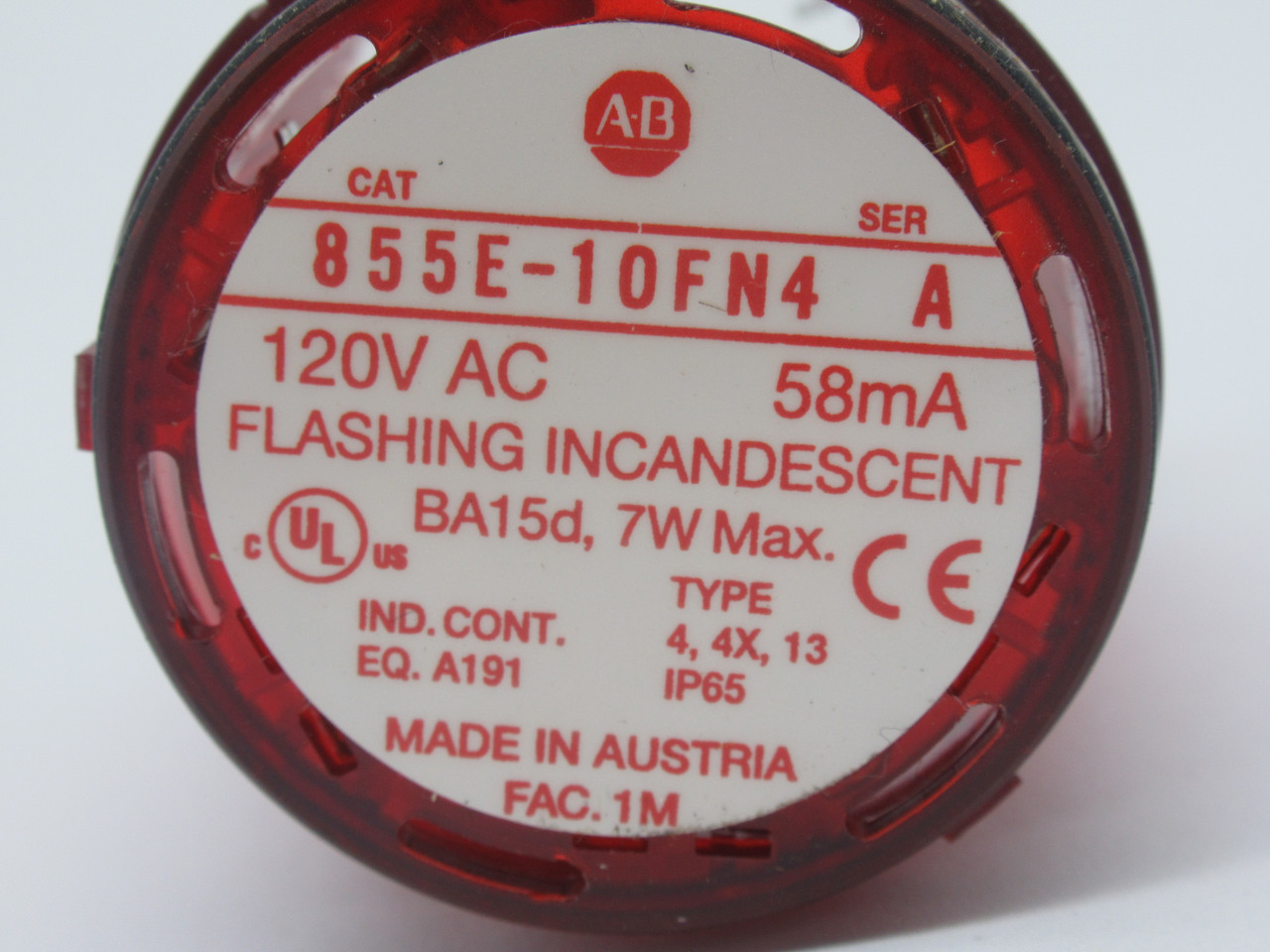 Allen-Bradley 855E-10FN4 Red Flashing Incandescent Stack Light w/ Bulb USED