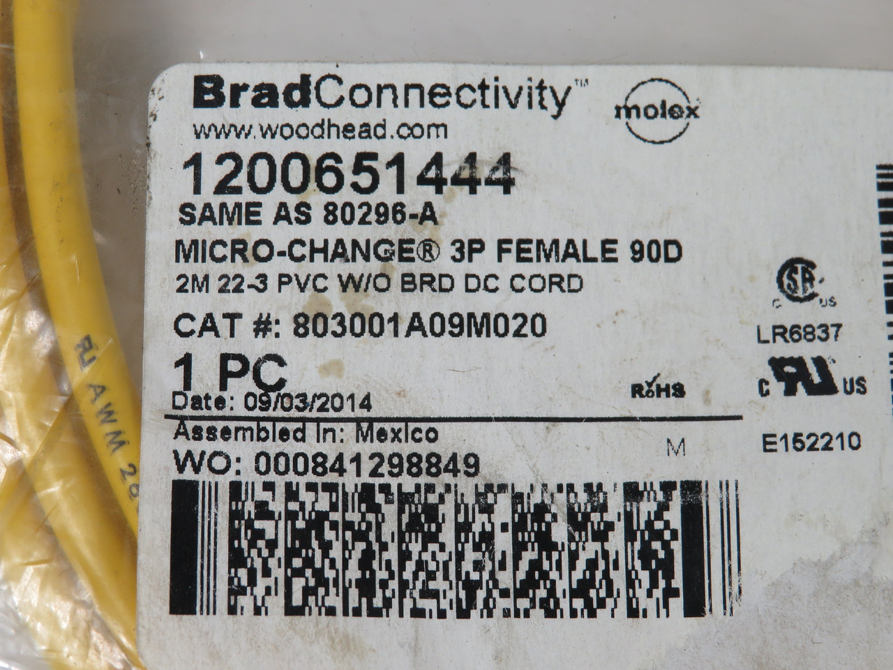 Brad Harrison Woodhead 803001A09M020 Female Cordset 3P 90Deg 2m OPEN BAG NWB