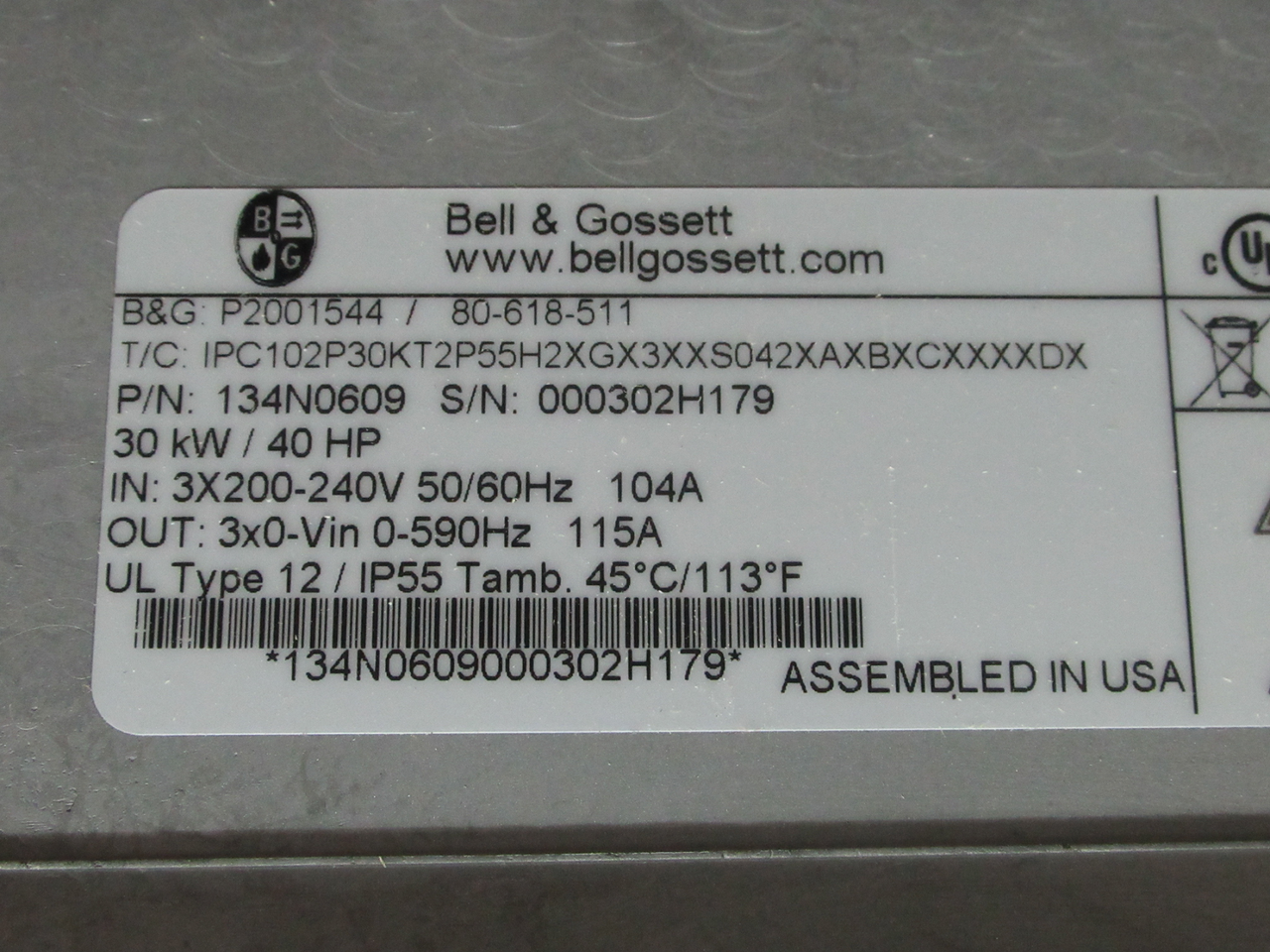 Bell & Gossett 134N0609 Variable Speed Controller 30kW/40HP 3ph 0-Vin 115A NEW