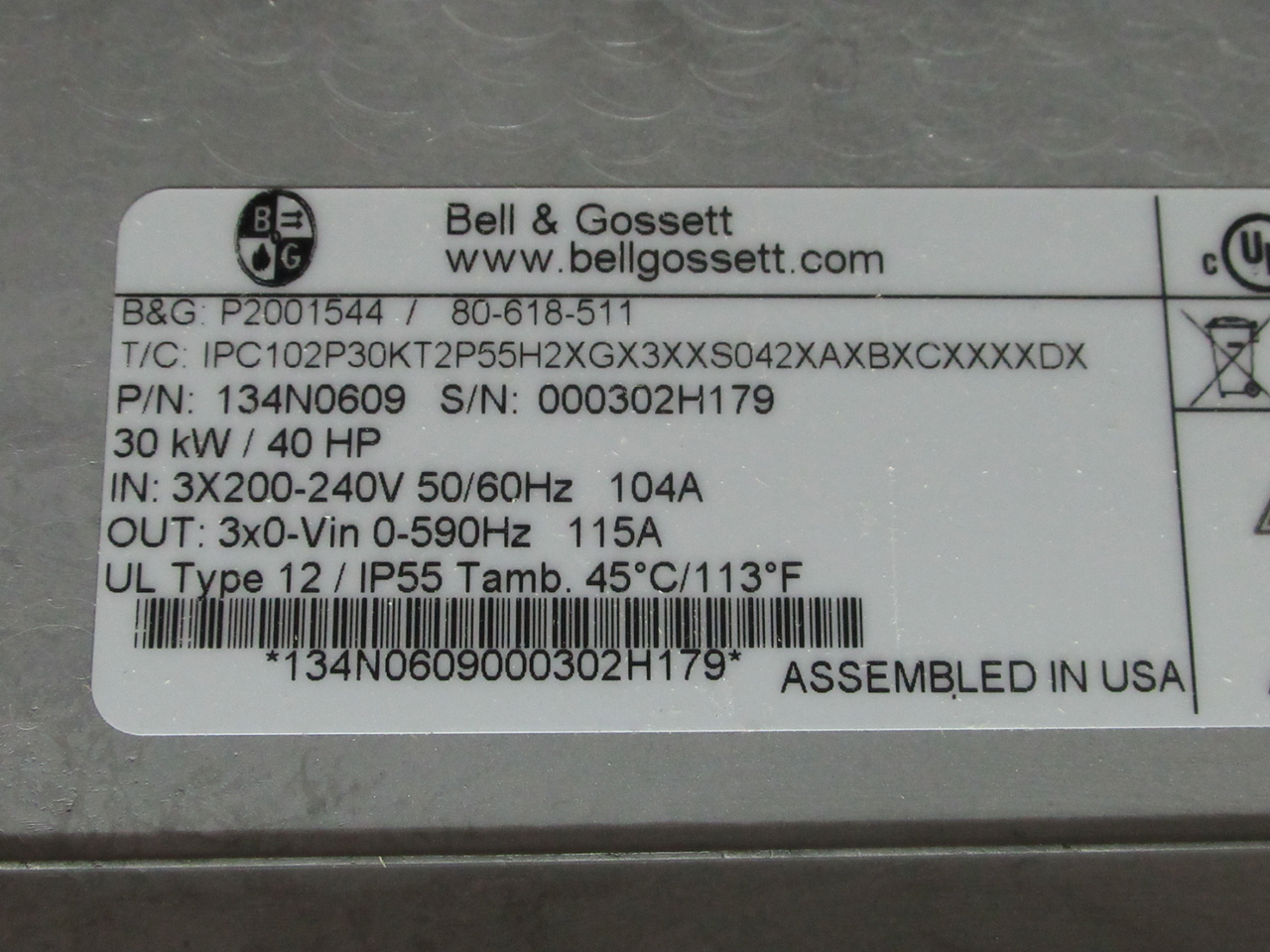 Bell & Gossett 134N0609 Variable Speed Controller 30kW/40HP 3ph 0-Vin 115A NEW