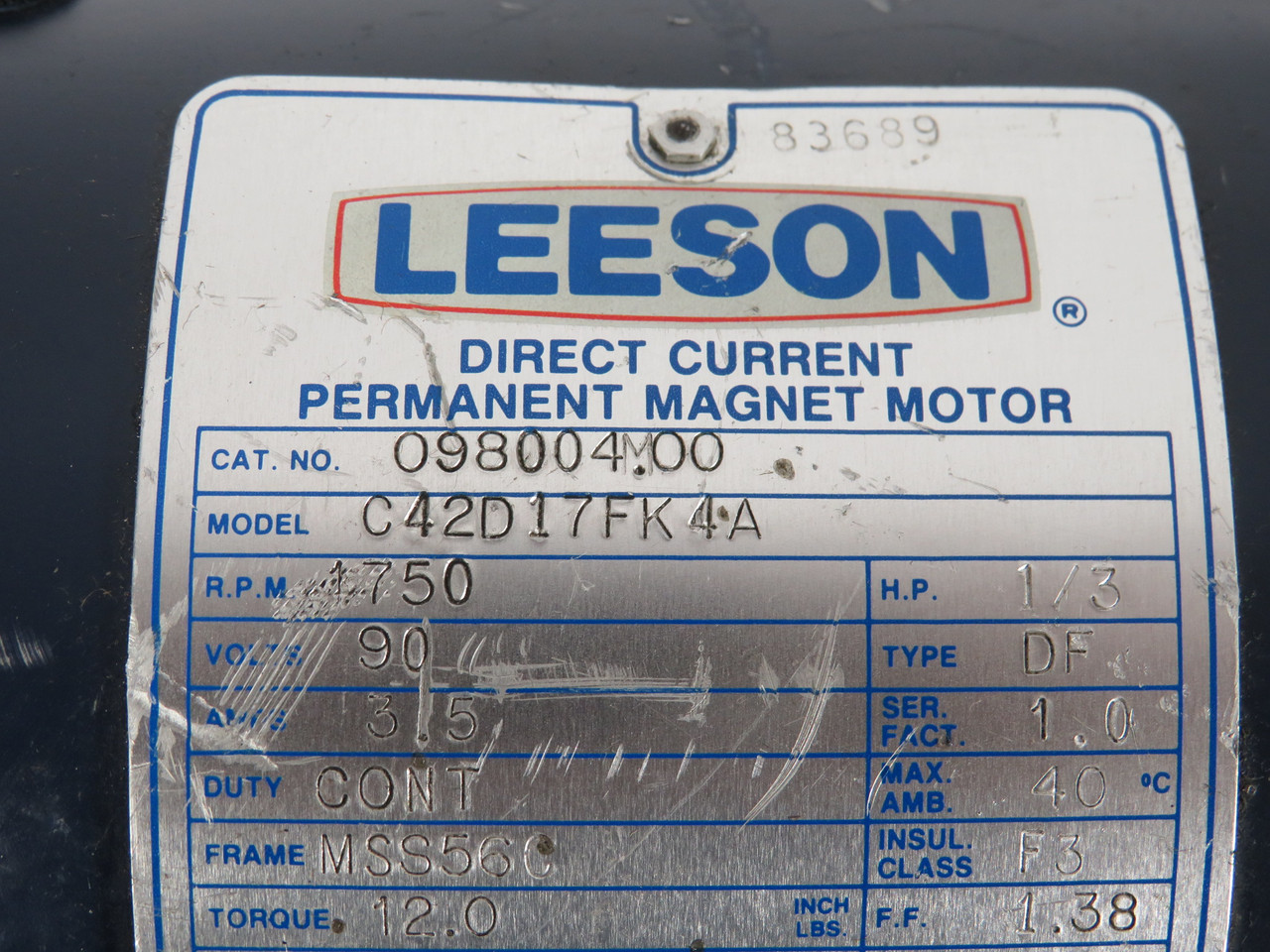 Leeson 1/3HP 1750RPM 90VDC MSS56C TEFC 3.5A NO KEY USED