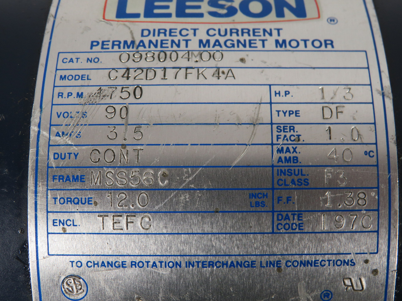 Leeson 1/3HP 1750RPM 90VDC MSS56C TEFC 3.5A NO KEY USED