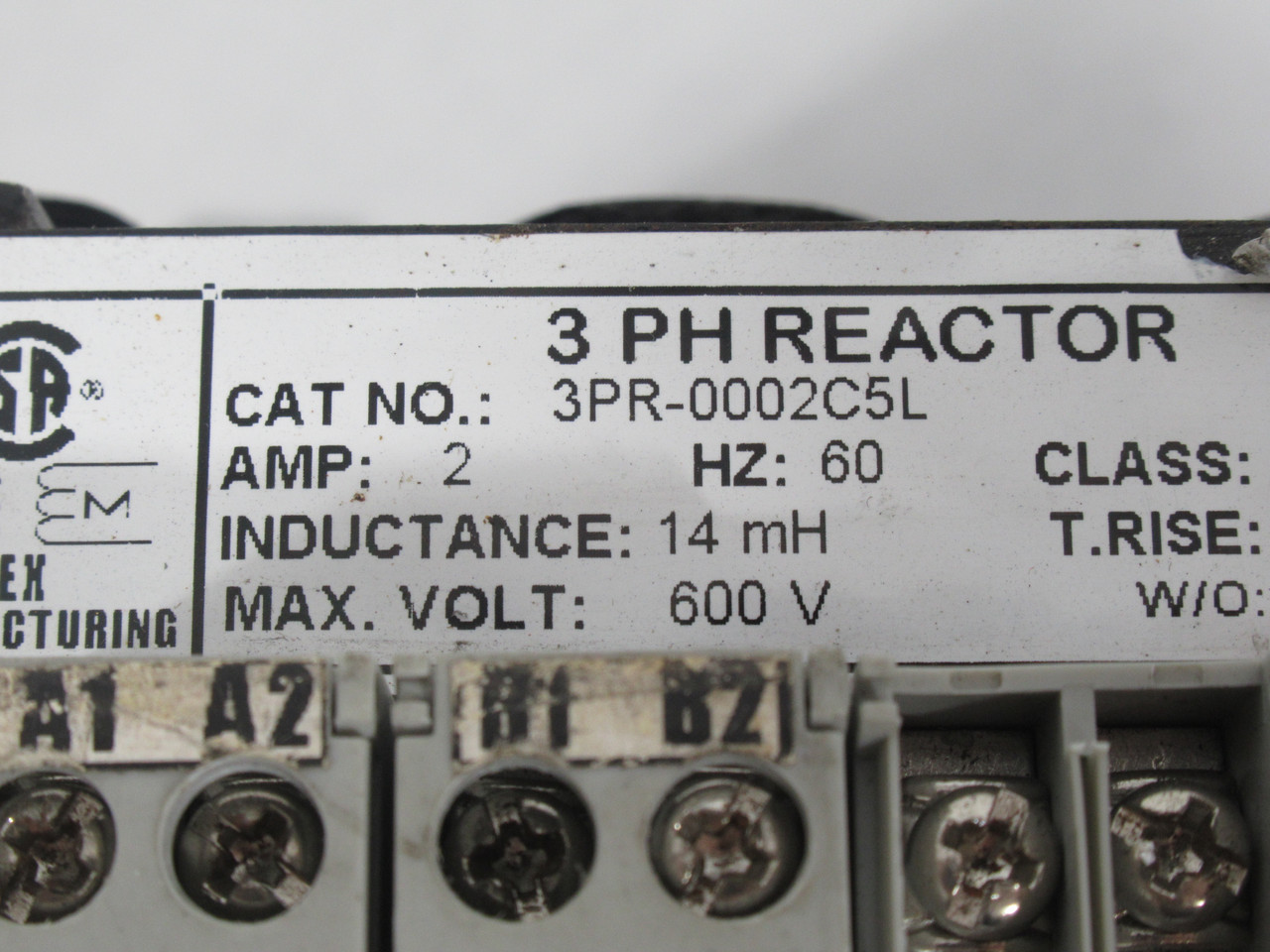 Rex Manufacturing 3PR-0002C5L Line Reactor 3PH 2A 600V *MISSING COVER* USED