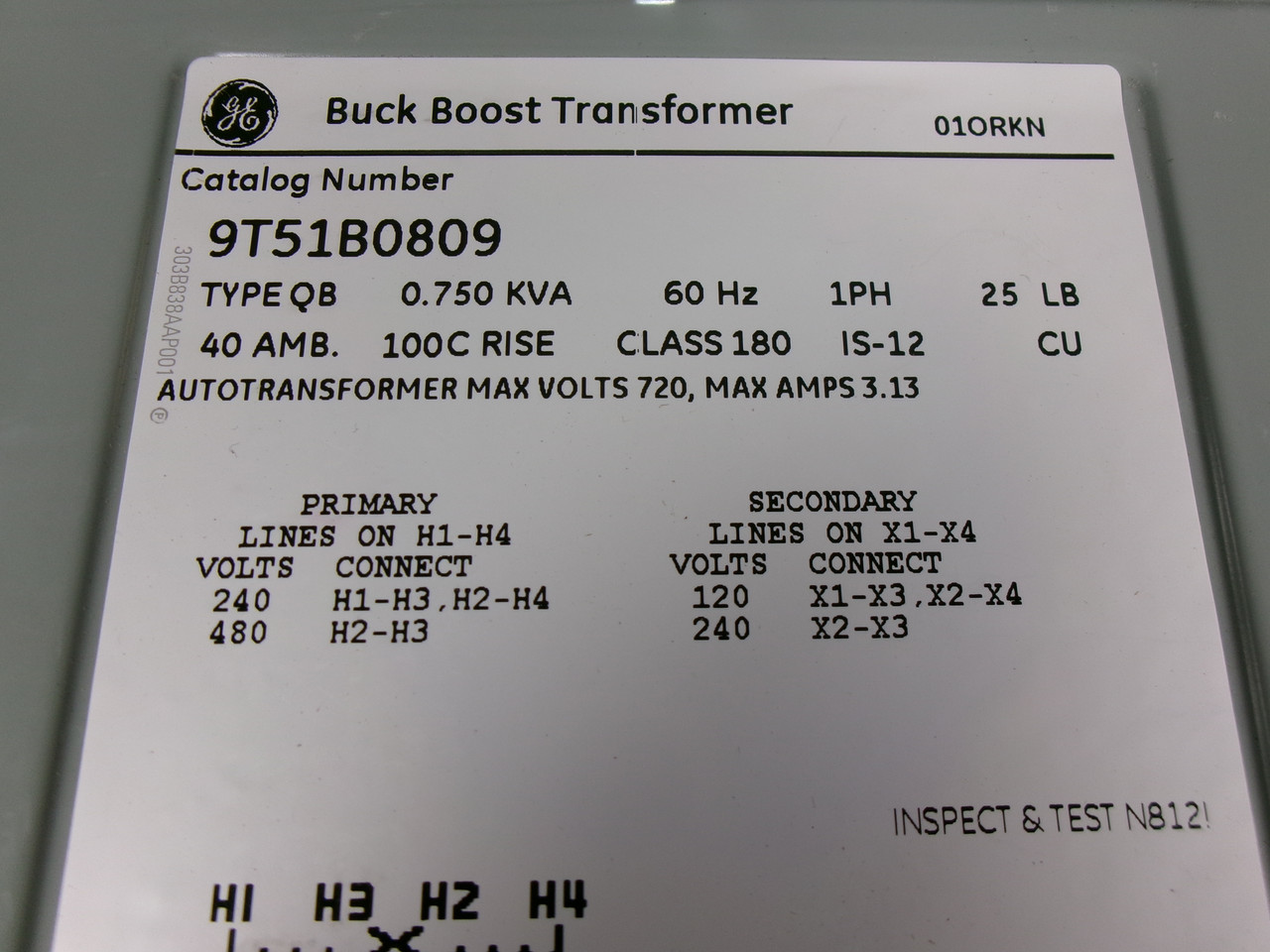 General Electric 9T51B0809 Transformer 750VA Pri 240/480V Sec 120/240V DMG NOP