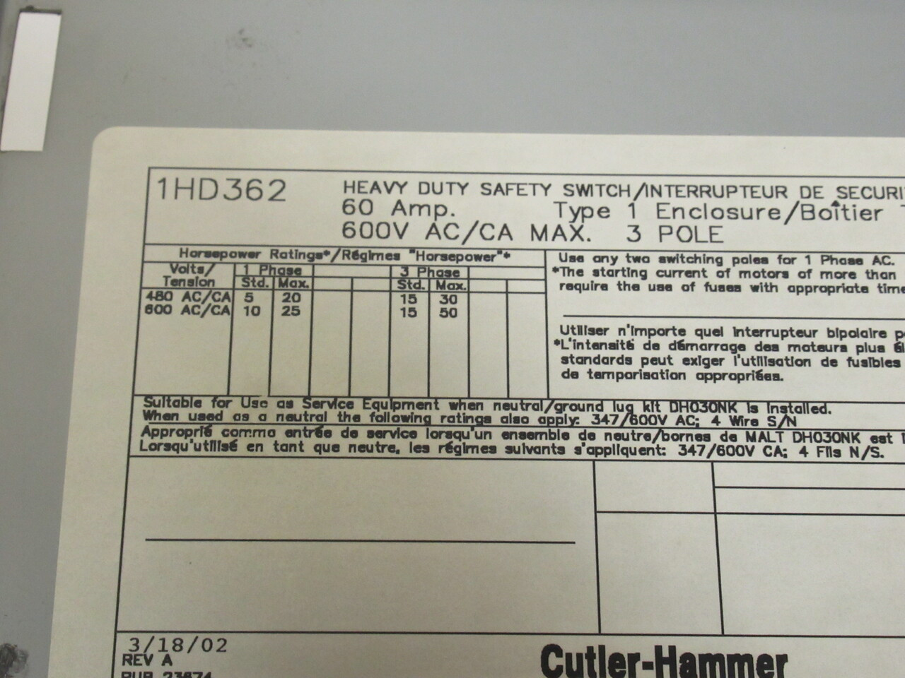 Cutler-Hammer 1HD362 Heavy Duty Fusible Safety Switch 60A 600V 3-Pole USED