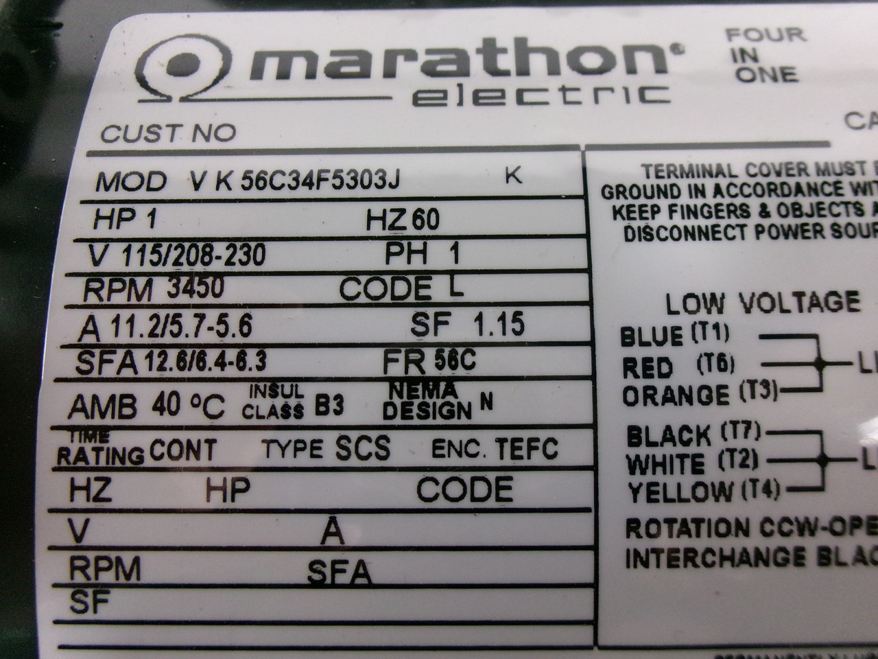 Marathon 1HP 3450RPM 115/208-230V 56C TEFC 1Ph 11.2/5.7-5.6A 60Hz SHELF WEAR NOP