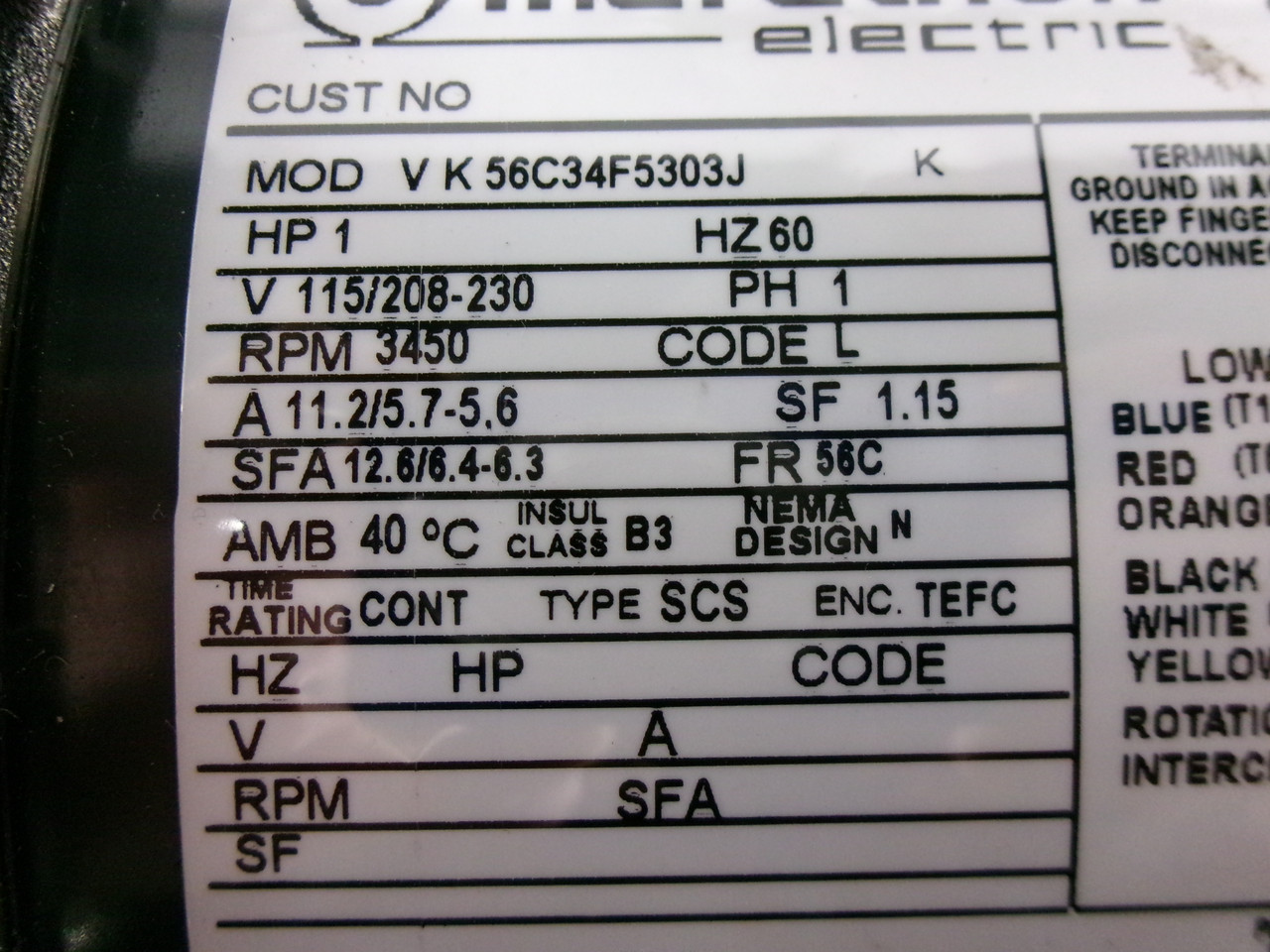 Marathon 1HP 3450RPM 115/208-230V 56C TEFC 1Ph 11.2/5.7-5.6A 60Hz C/W Key NOP