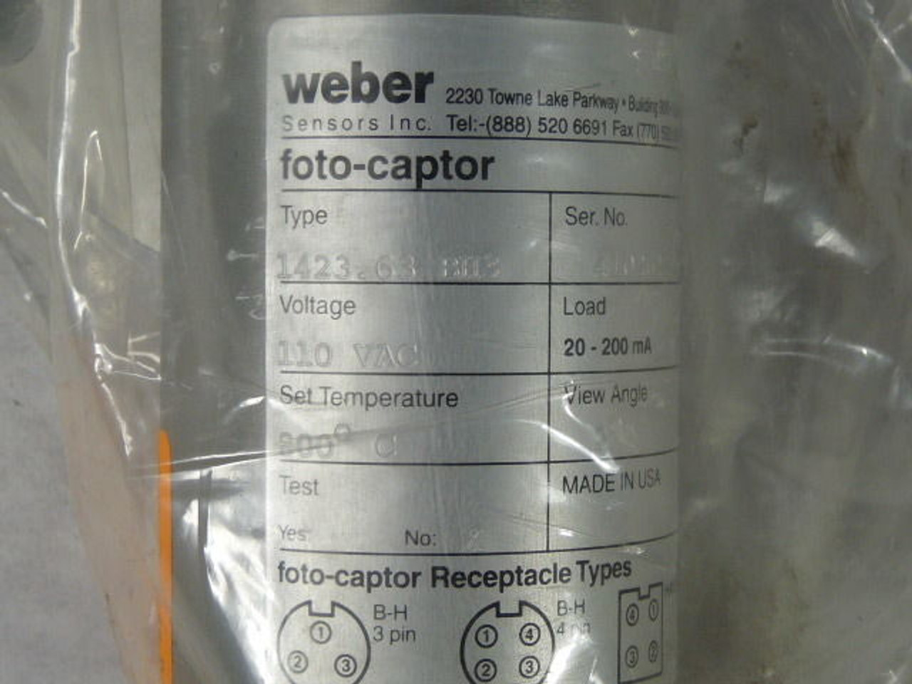Weber 1423.63 Foto Captor Sensor 20-200MA 110 VAC 2-Degree Angle ! NEW !