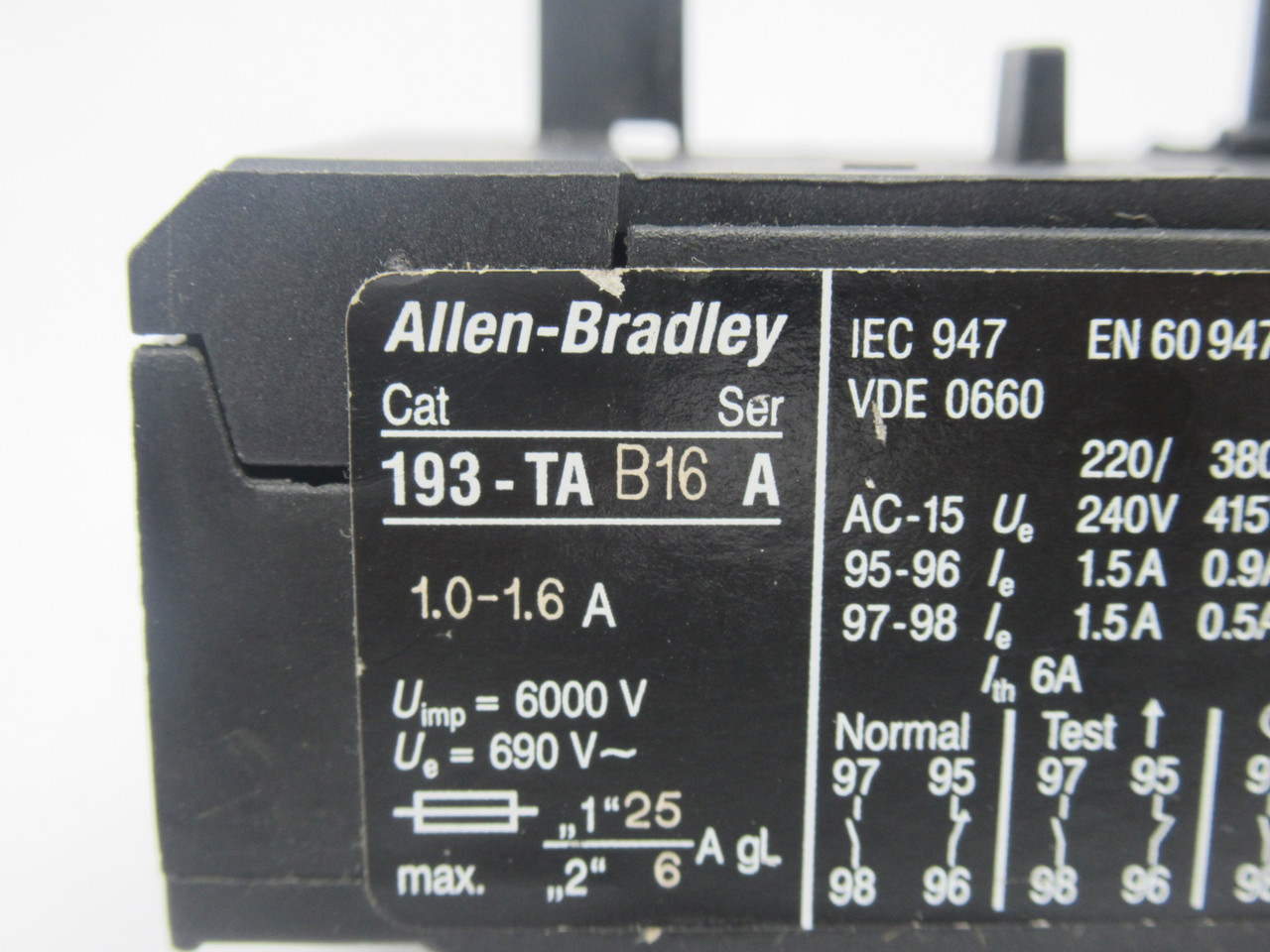 Allen-Bradley 193-TAB16 Bimetallic Overload Relay 1-1.6A Ser.A *STAINED* USED