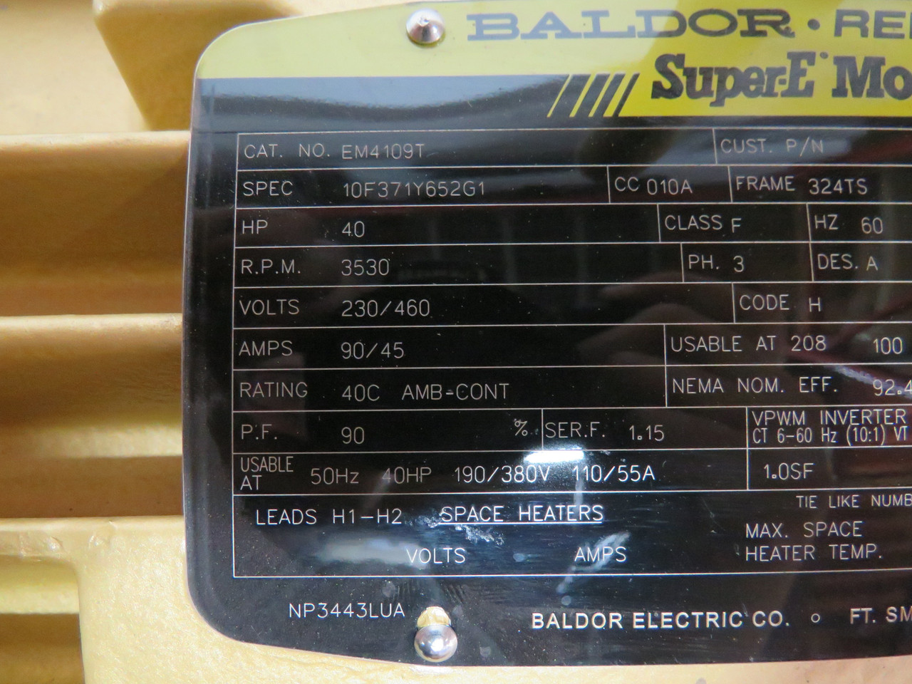 Baldor 40HP 3530RPM 230/460V 324TS TEFC 3Ph 90/45A 60Hz NOP