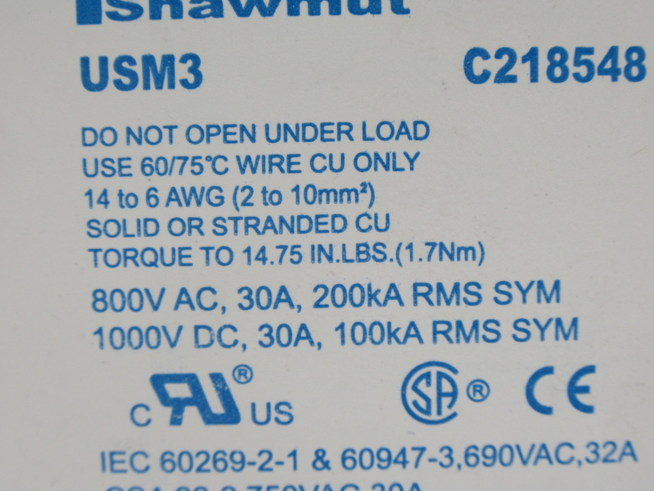 Ferraz Shawmut USM3 Fuse Holder 30A@800VAC 30A@1000VDC 3-Pole USED