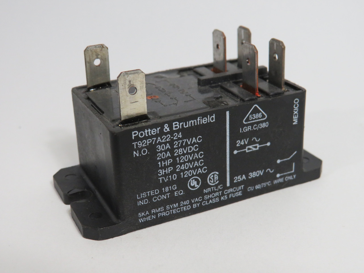 Potter & Brumfield T92P7A22-24 Relay 24V 30A 6-Blade 6-1393211-0 USED