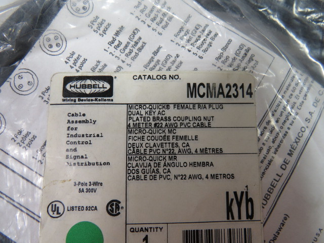 HUBBELL MCMA2314 Control & Signal Distribution Cable Assembly 5A 300V ! NWB !