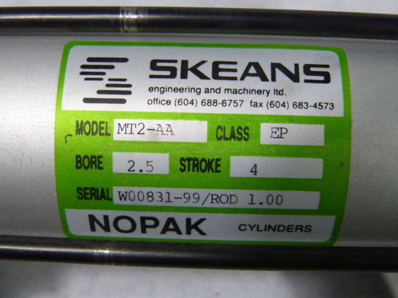 Skeans / Nopak MT2-AA Pneumatic Cylinder 2.5" Bore 4" Stroke USED