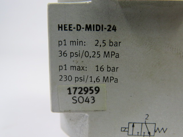 Festo 172959 HEE-D-MIDI-24 On-Off Valve With O-Ring 24VDC 2.5-16 bar USED