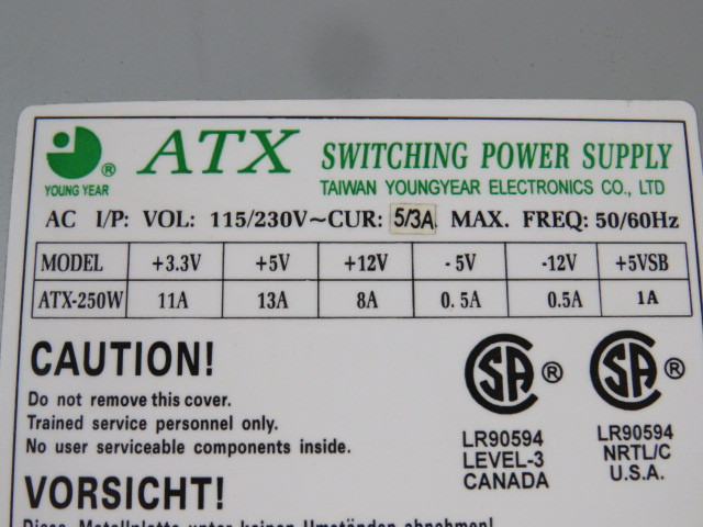 Young Year ATX-250W ATX Power Supply 3000RPM +/-10% 32.3CFM 115/230V USED